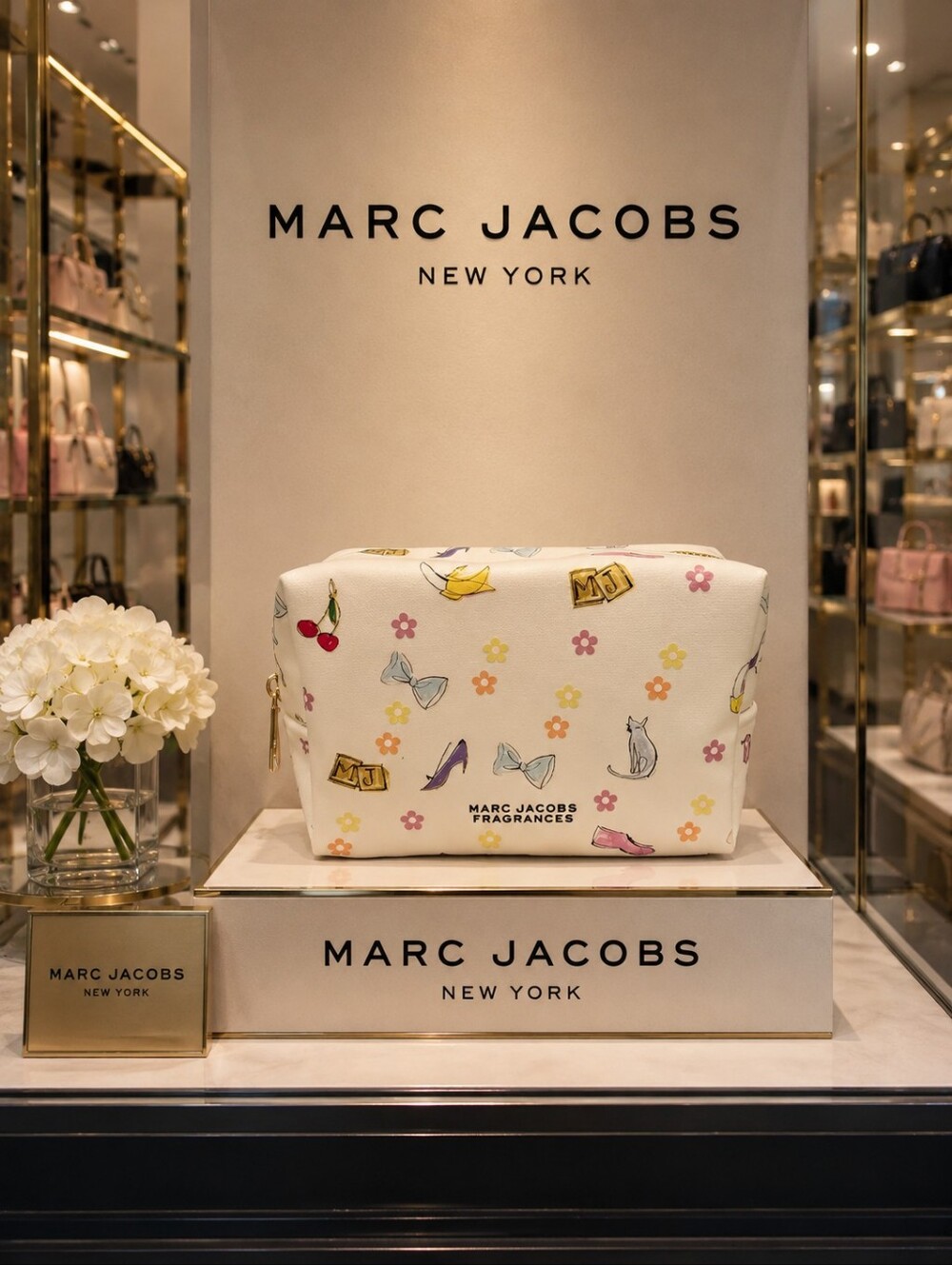 Marc Jacobs Cream Floral & Icon Printed Cosmetic Pouch